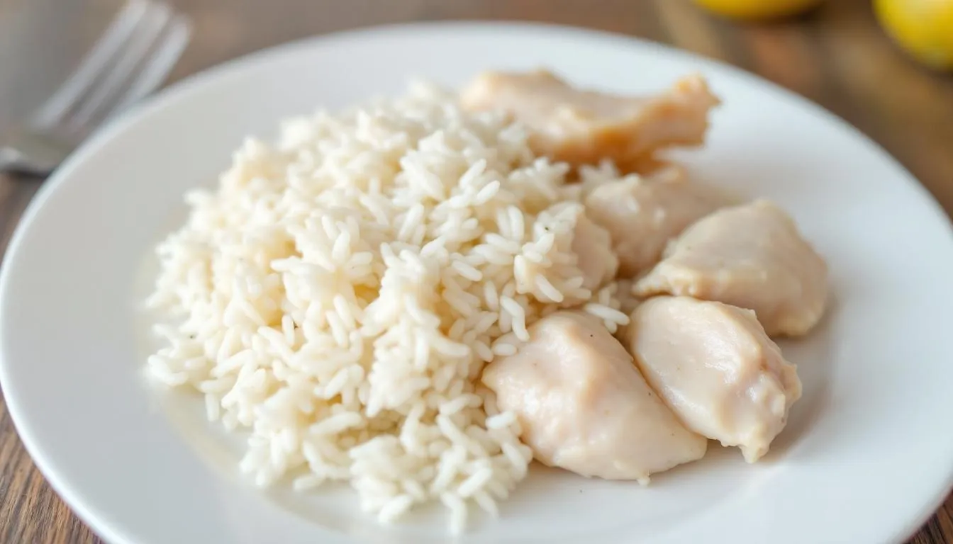 A plate displays a bland diet consisting of boiled chicken and white rice, which is often recommended for dogs suffering from conditions like colitis or inflammatory bowel disease. This simple meal is designed to be gentle on the digestive system and may help treat colitis symptoms such as chronic diarrhea or large bowel diarrhea.