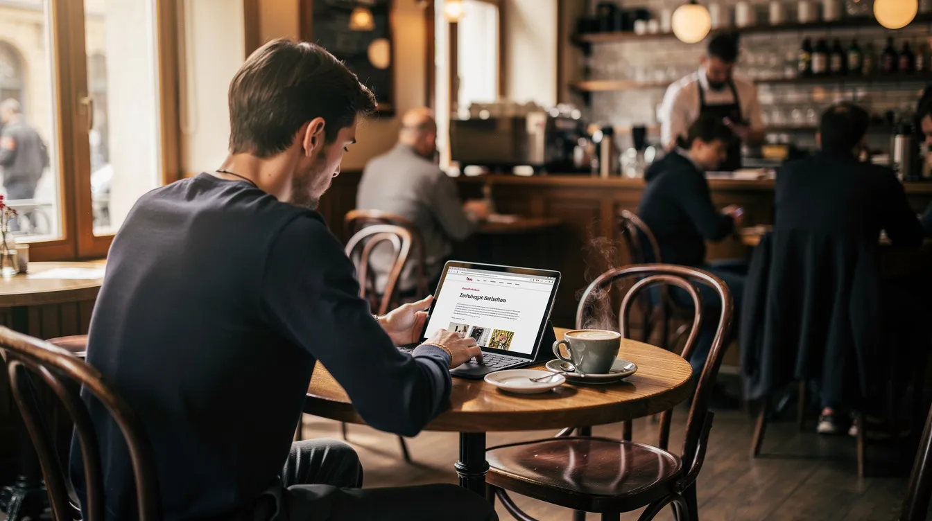 Eine Person sitzt in einem Café und nutzt ein Tablet, um auf einer Website zur Partnersuche nach Profilen zu suchen. Die Atmosphäre ist entspannt, während sie sich mit den Möglichkeiten von Liebe und Beziehungen in der heutigen Welt beschäftigt.