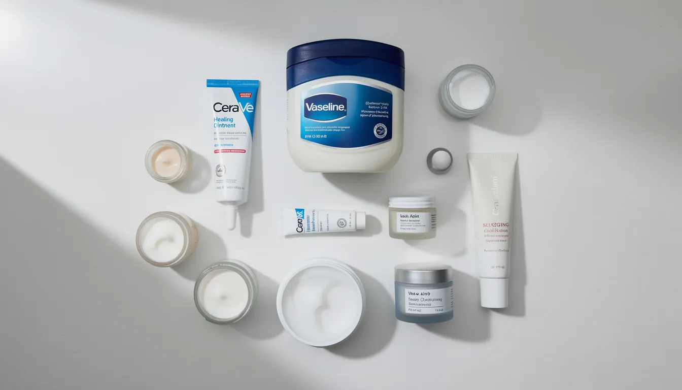The image features a variety of slugging products, including Vaseline and CeraVe Healing Ointment, neatly arranged on a clean surface, showcasing their role as occlusive ointments that help protect the skin barrier and prevent water loss. These skincare products are popular for their moisturizing benefits, particularly for dry and sensitive skin types, and are often used as a final step in a skincare routine to enhance hydration.