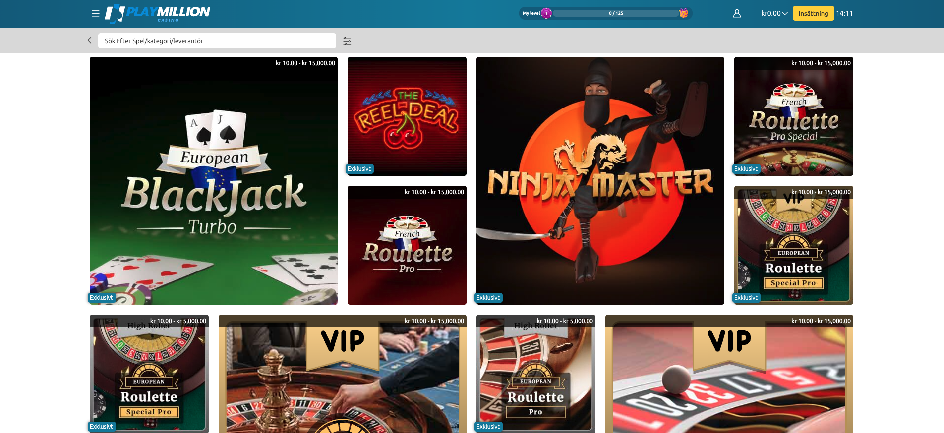 PlayMillion Casino bordsspel med European Blackjack Turbo, roulettevarianter och exklusiva casinospel som Ninja Master.