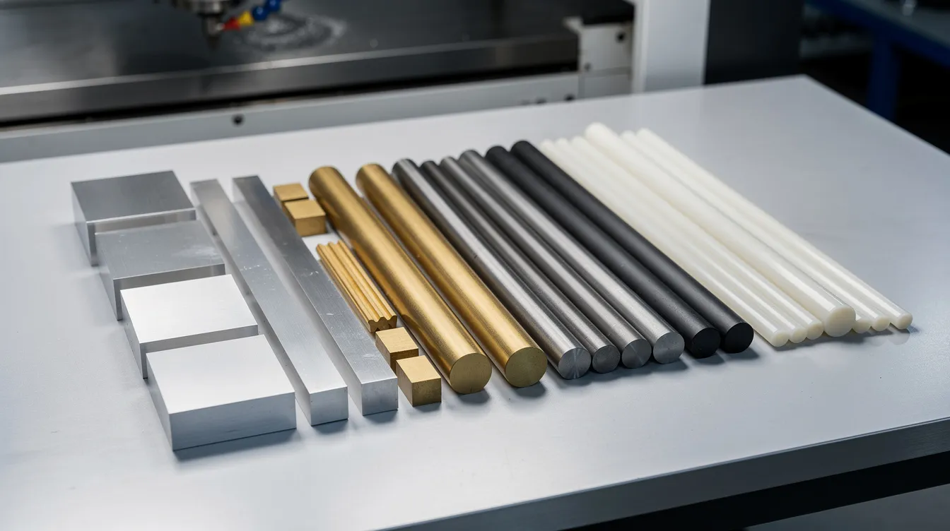 An array of raw material blocks and round bars, including aluminum, stainless steel, brass, titanium, and plastic rods, is neatly arranged on a machining table, showcasing the variety of materials used in the CNC machining process. This setup highlights the essential components for precision CNC machining and modern manufacturing techniques.