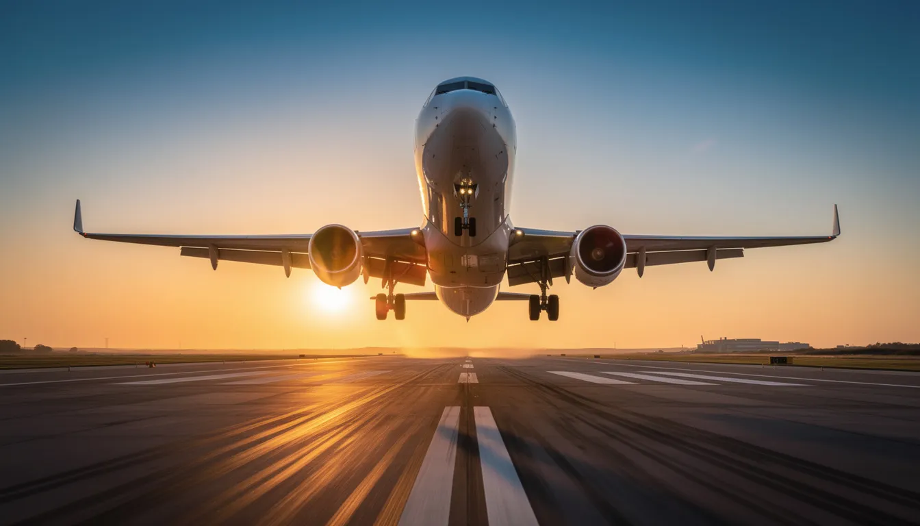 An airplane is taking off against a vibrant sunset, with a clear sky providing a stunning backdrop. This image captures the essence of travel, reminiscent of the perks offered by credit cards like the Amex Gold and Platinum, which enhance the travel experience through rewards and benefits.