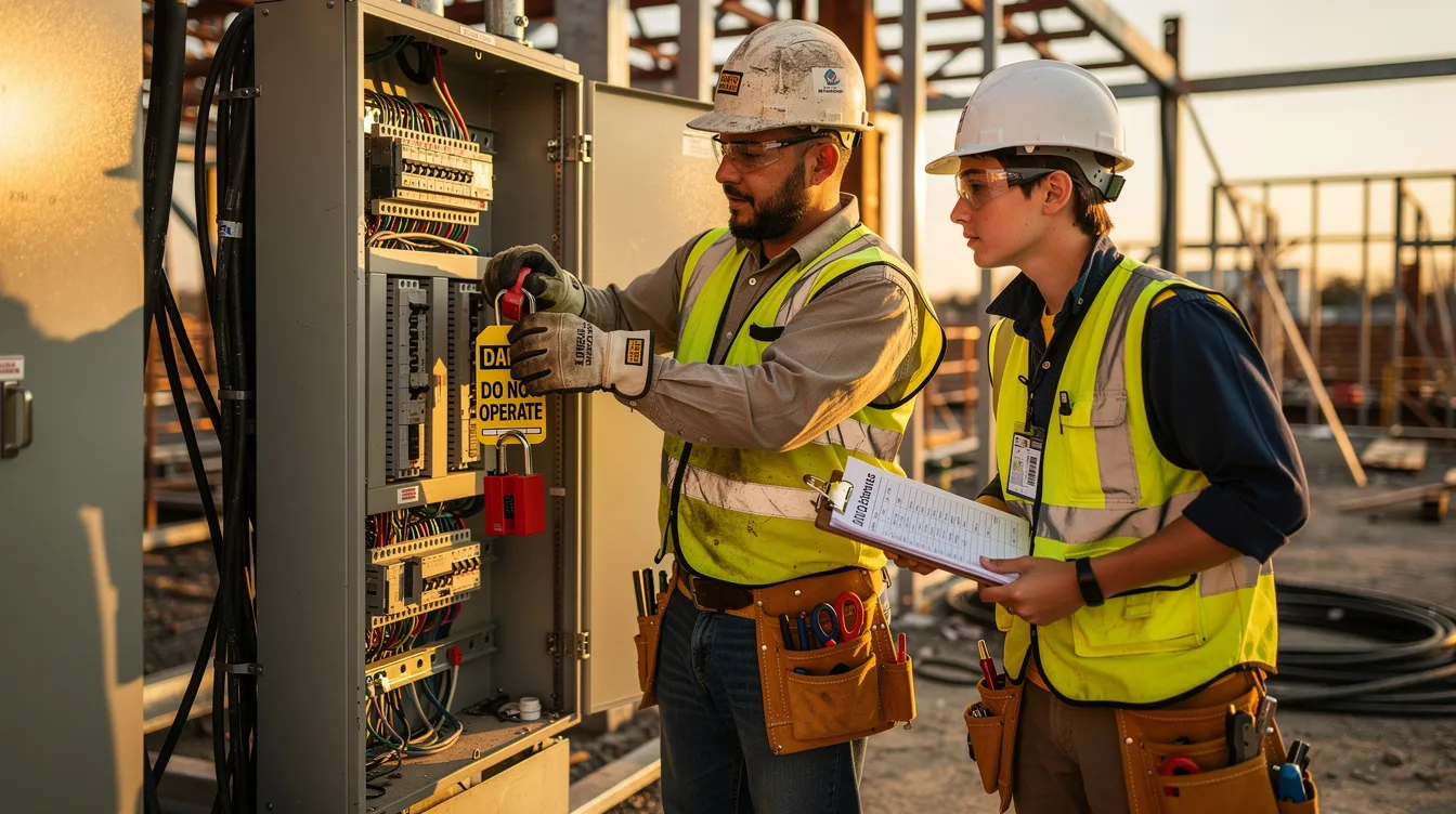 A mentor electrician is demonstrating lockout tagout procedures to a younger apprentice on a construction site, emphasizing the importance of safety in the workplace. This hands-on training is a crucial part of registered apprenticeship programs, helping new apprentices learn essential skills for their careers in the electrical trade.