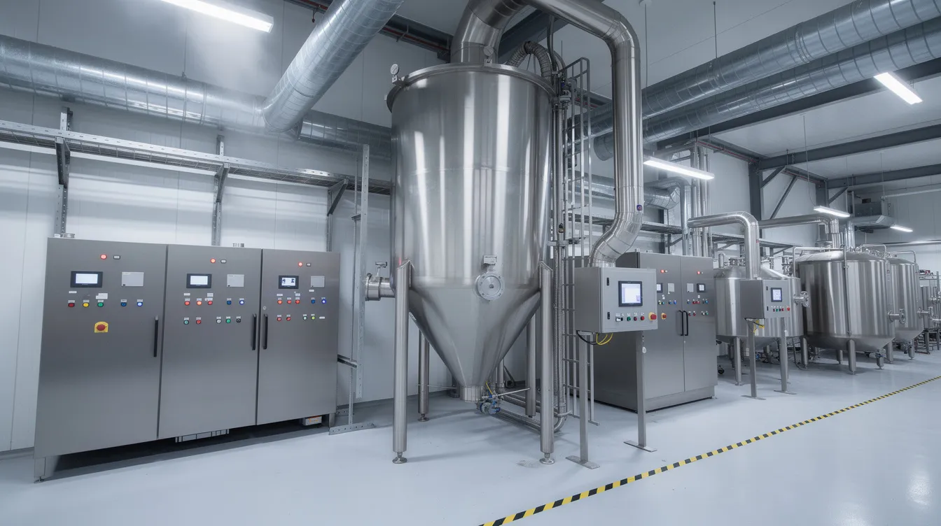 The image depicts a large industrial spray dryer located in a dairy processing factory, featuring extensive metal ducting and various control panels. This equipment is integral to the casein manufacturing process, playing a crucial role in the efficient production of milk protein for diverse industries, including the pharmaceutical sector.