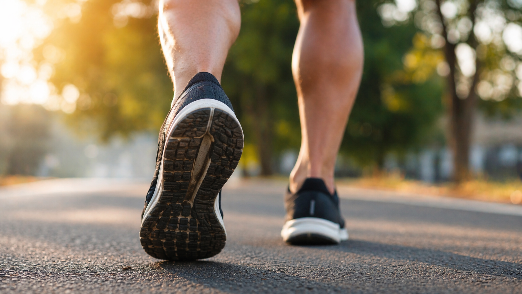 Close-up of a runner’s legs and shoes during a run on a road at sunrise