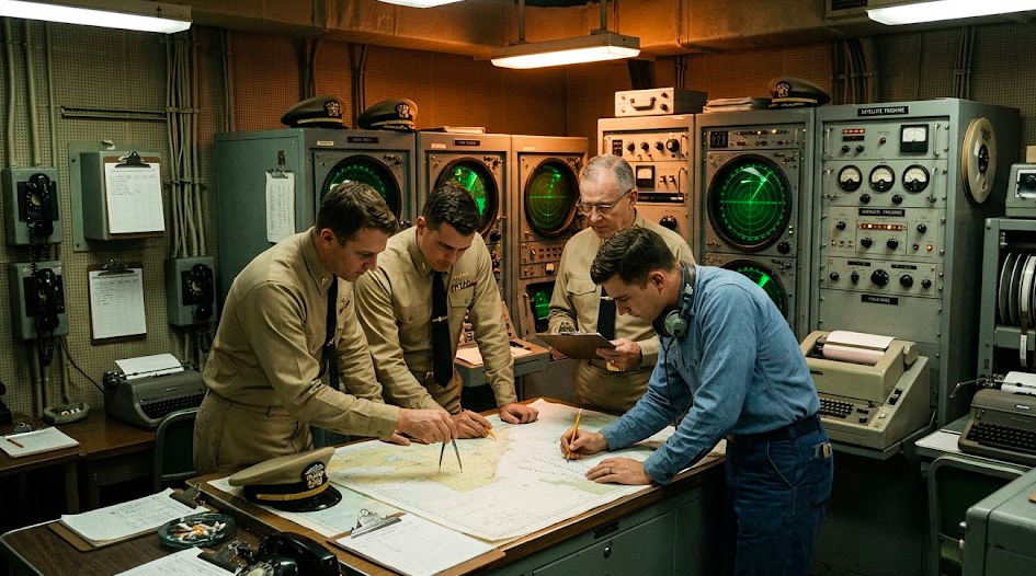 1960s naval navigation control room using early TRANSIT satellite positioning system before GPS was developed