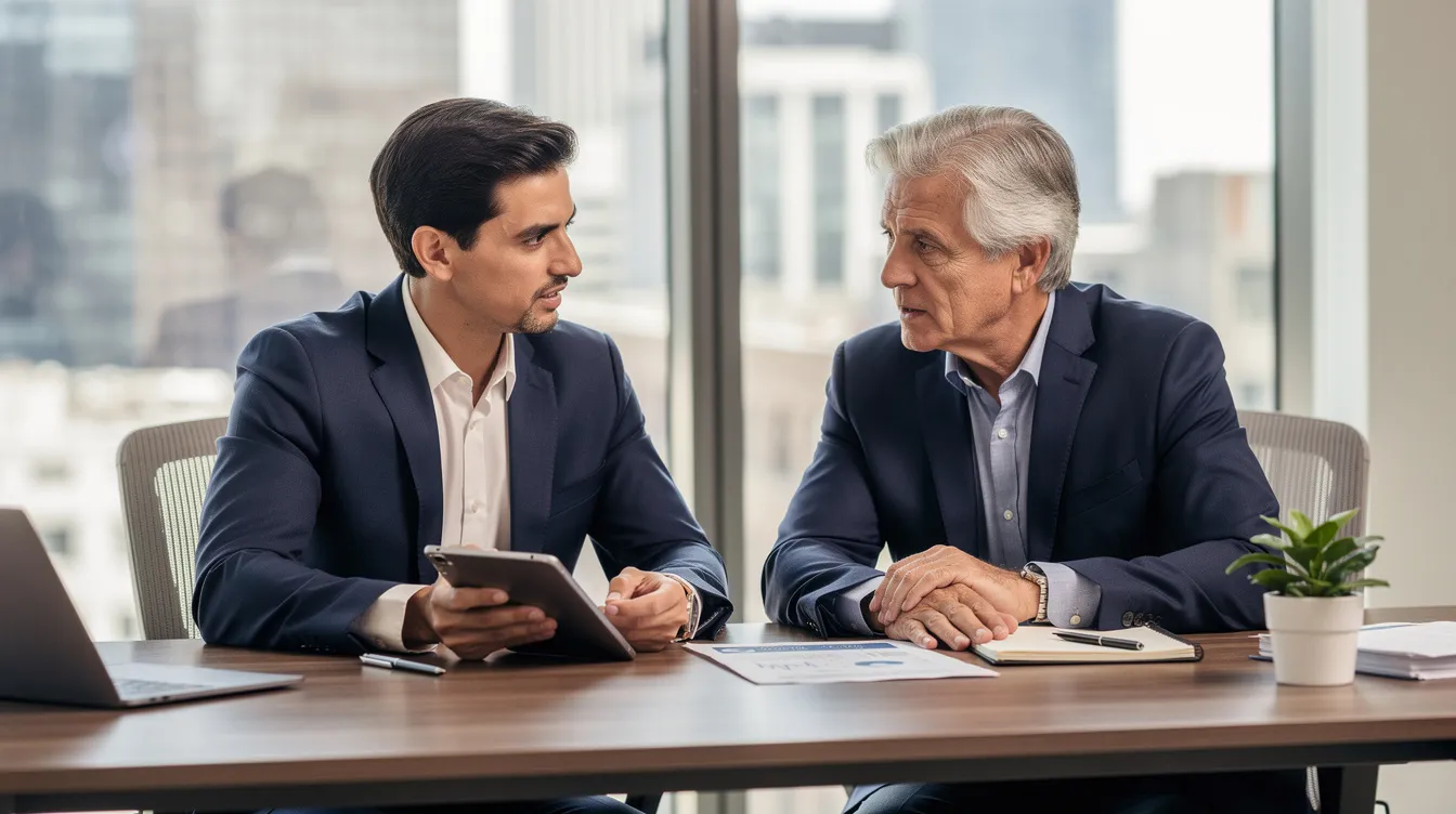 A professional advisor is seated at a desk in an office, engaged in a discussion with a senior client about their existing life insurance policy and potential life settlement options. The atmosphere is focused and collaborative, as they explore key factors that could lead to a beneficial life settlement transaction.