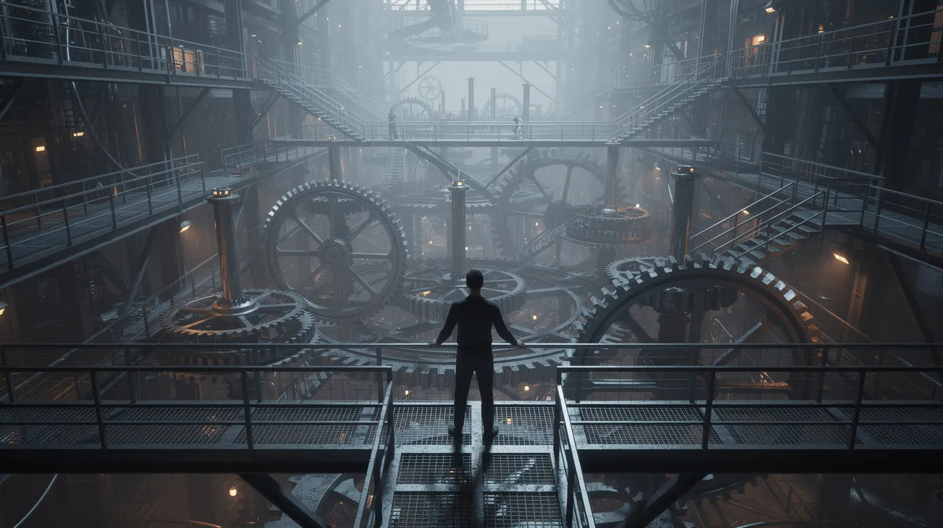 A person stands confidently on an elevated platform, gazing down at a complex network of interconnected pathways and gears, symbolizing the intricate processes involved in management consulting and project management. This scene reflects the strategic thinking and expert advice that consultants provide to help organizations navigate their business challenges.