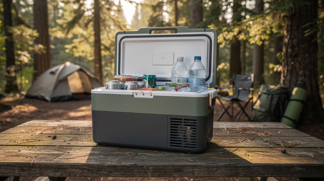 An open portable camping fridge is displayed on a wooden picnic table at a forested campsite, showcasing its spacious interior for cold drinks and food storage. In the background, various camping gear is visible, highlighting the fridge's practicality for camping trips and longer road trips.