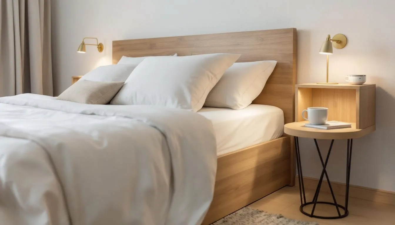 The image depicts an elegant bedroom setting, featuring a solid oak bed frame and matching bedside tables, which showcase the natural grain and warmth of oak furniture. The clean lines and stylish design elements create a serene atmosphere, perfect for a dream home.