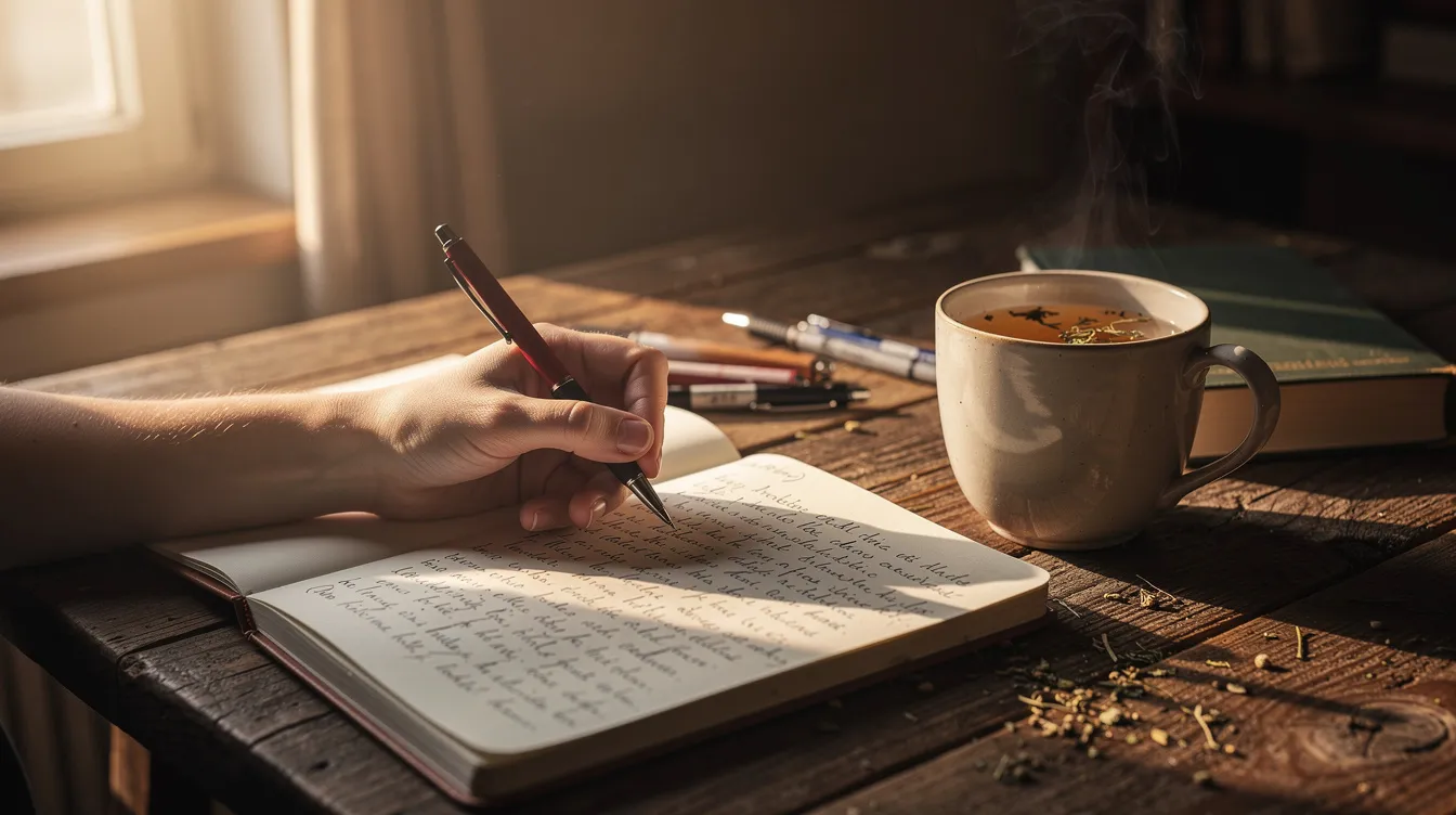A person is journaling at a wooden desk, illuminated by soft morning light, with a cup of herbal tea beside them. This serene setting suggests a moment of mental clarity, which can support brain health and cognitive function, helping to reduce anxiety and improve focus.