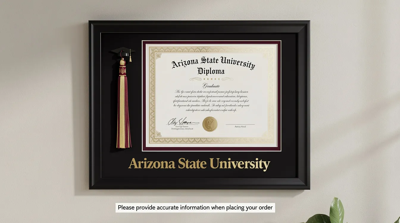The image features a stylish black diploma frame designed for an Arizona State University diploma, complete with a tassel holder, ideal for showcasing graduation documents on a wall. It highlights the importance of providing accurate information when placing an order to ensure a successful purchase.