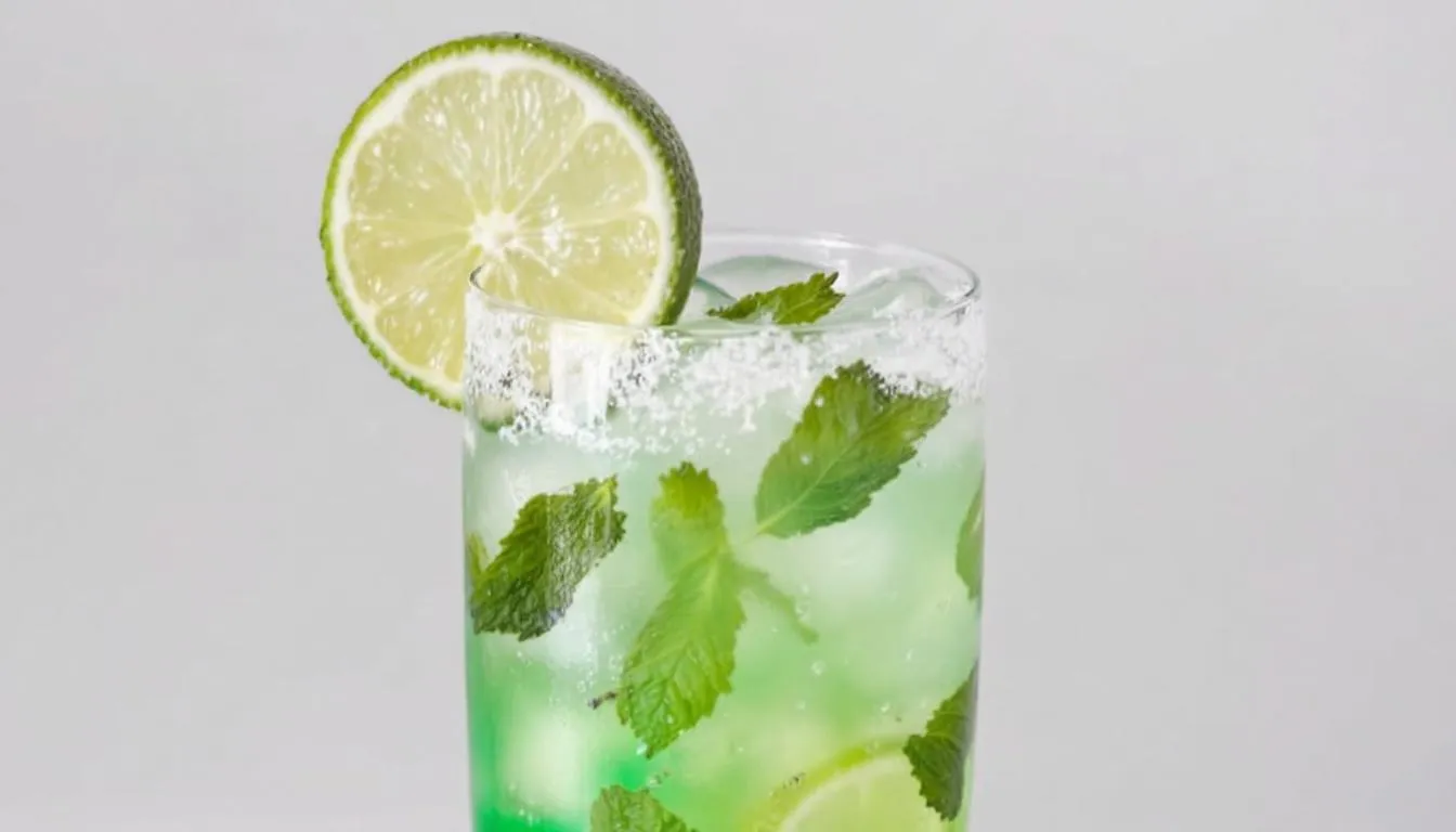 En fräsch drink med extra limegarnering och mynta, serverad i ett glas med is. Ingredienserna inkluderar vaniljvodka, sourz apple, limejuice och 7 Up, vilket ger en härlig smak av äpple och lime.
