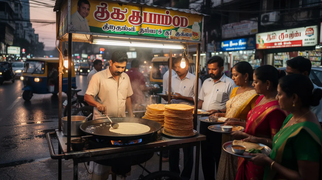 A street food vendor is serving delicious dosa to a crowd of eager customers on a bustling Chennai street, showcasing the vibrant food business scene in the city. The lively atmosphere reflects the rich cultural heritage and consistent local demand for tasty street food, making it a profitable business idea for aspiring entrepreneurs.