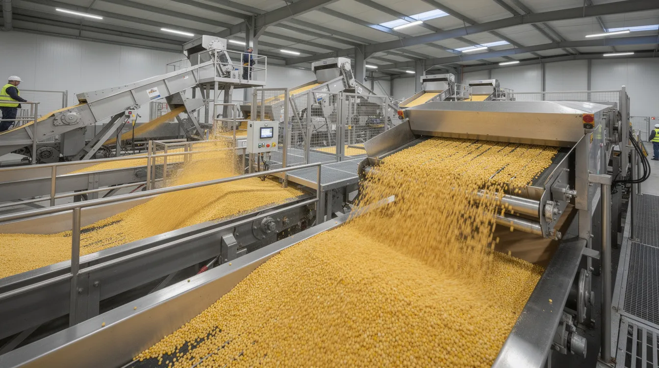 e3c0ed35 91d3 4938 8c92 fc96f83f25d9 The image depicts bulk yellow peas being processed in an industrial grain cleaning and sorting facility, showcasing the importance of pulse proteins in meeting the rising consumer demand for plant-based diets. This facility highlights the technological advancements in processing technology that support the growth of the global pulse protein market.