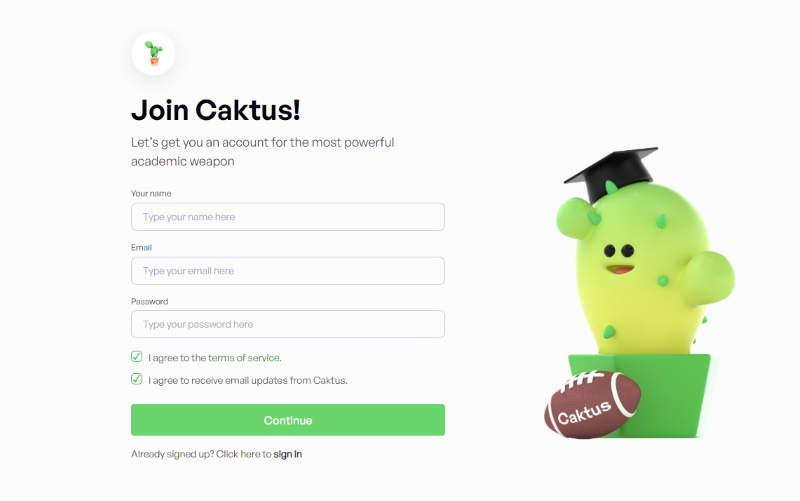 screenshot of caktus ai user sign up in homepage
