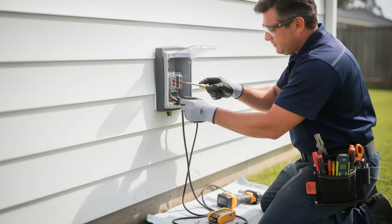 An electrician is seen installing an outdoor power outlet on the exterior of a weatherboard house, which will serve as a power source for festive decorations like Christmas lights and string lights during the holiday season. The installation emphasizes safety and durability for outdoor use, ensuring that the home's appearance is enhanced with beautiful Christmas lights displays.