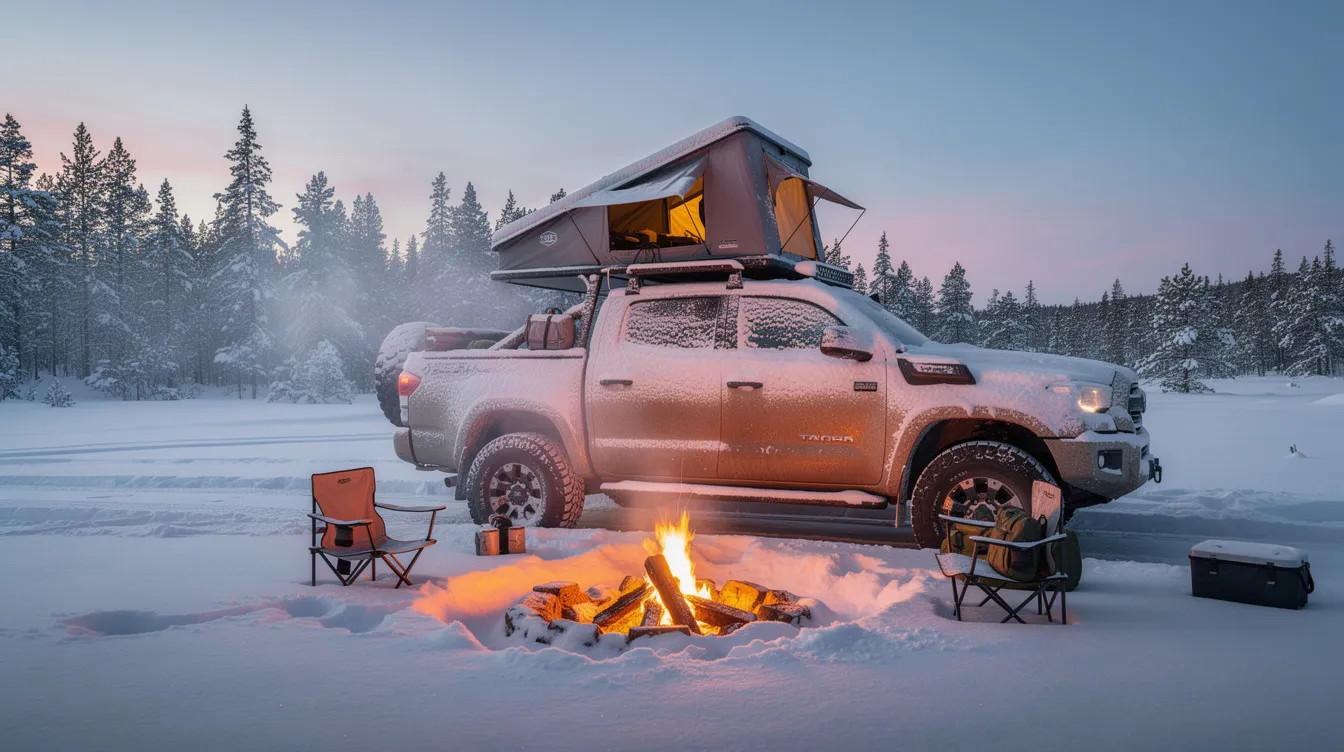 The image depicts a winter campsite featuring a snow-covered truck with a rooftop tent, surrounded by a serene landscape blanketed in white snow. This scene captures the essence of cold-weather camping, ideal for those seeking adventure while utilizing products like electric heating pads for warmth and comfort.
