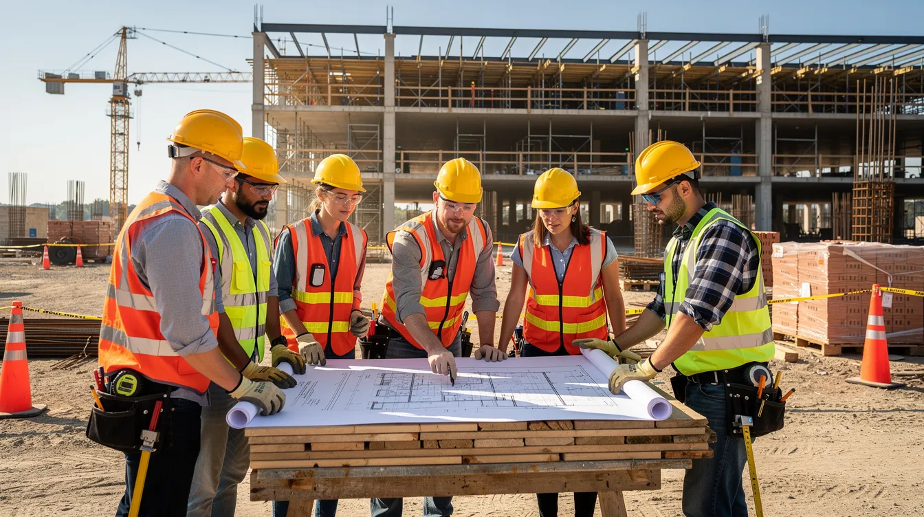 A construction team, consisting of project managers and other members, is gathered at a commercial job site, wearing hard hats and reviewing blueprints together. They are engaged in discussions that reflect their strategic planning and project management efforts to ensure successful project delivery while considering available resources and potential project opportunities.