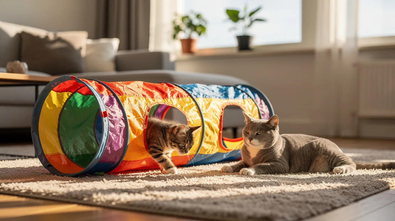 A playful kitten and a senior cat are seen lounging near a colorful foldable cat tunnel in a cozy modern home, illuminated by warm natural light. The tunnel features two peepholes and is made of soft fabric, providing a fun space for indoor cats to explore and play.