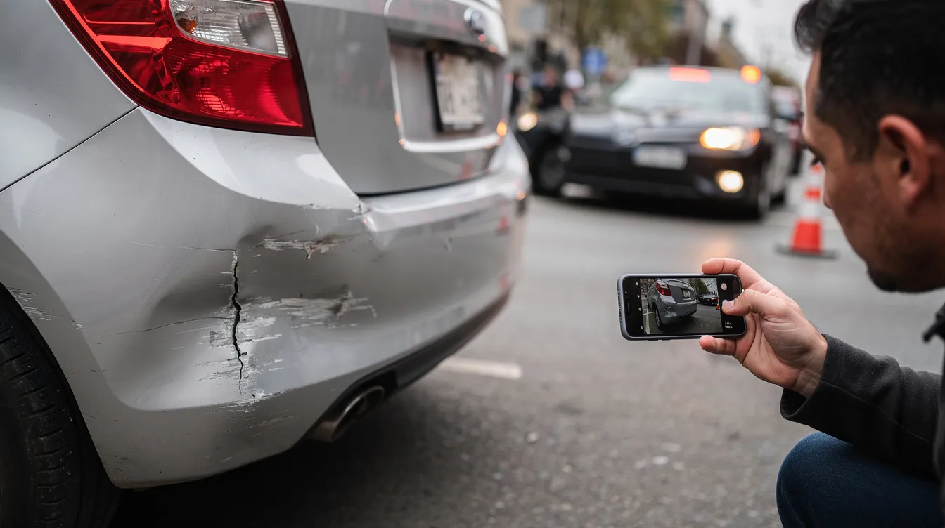 A person uses a smartphone to photograph vehicle damage at the scene of a minor car accident&mdash;documentation that is crucial for personal injury claims, as even low-speed collisions can lead to serious injuries.