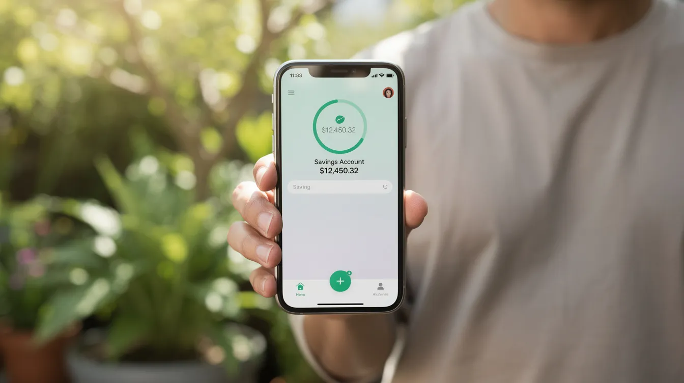 A person is holding a smartphone displaying their savings account balance, surrounded by lush greenery in the background. This image highlights the convenience of digital banking services and the importance of savings tools in personal finance management.