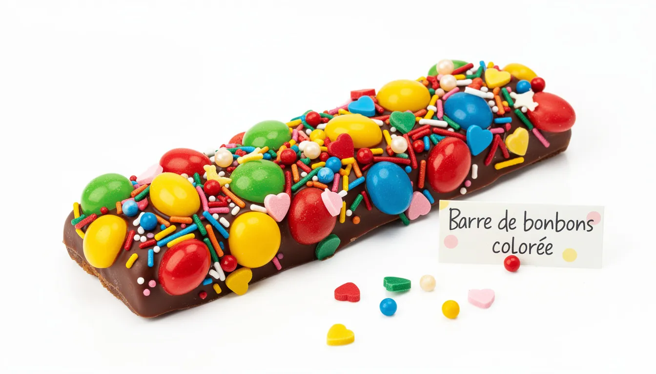 Un candy bar coloré est présenté, rempli de bonbons variés et décoré avec des accessoires assortis, créant une ambiance festive idéale pour un mariage. Les couleurs vives et les détails de décoration de table ajoutent une touche joyeuse à l'événement.