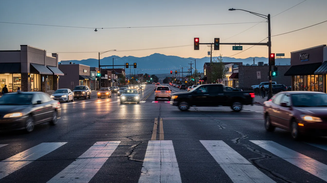The image depicts a busy intersection in Colorado Springs at dusk, showcasing crosswalk markings and vehicles in motion. This scene highlights the importance of pedestrian safety, as accidents involving pedestrians can lead to serious injuries and emotional trauma.