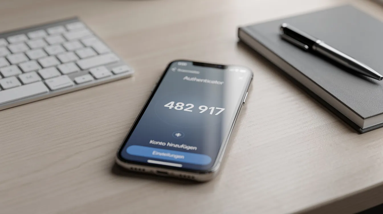 Ein Smartphone liegt auf einem Schreibtisch und zeigt eine Authenticator-App, die einen einmaligen Zahlencode für die Anmeldung bei dmrz.de anzeigt. Diese App dient der Sicherheit beim Login und unterstützt Nutzer im Gesundheitswesen bei der online Abrechnung.