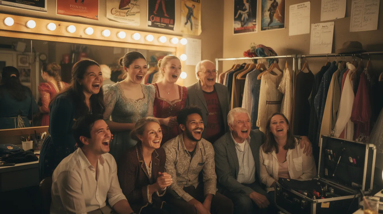 A diverse group of theater cast members, including older adults and younger performers, are laughing and enjoying each other's company backstage in a local community theater. This joyful scene captures the spirit of collaboration and creativity that thrives in community productions, where participants of all ages come together to share their passion for the performing arts.