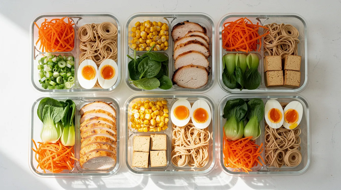 Meal prep containers organized with separate components for a healthy ramen recipe, including fresh ramen noodles, colorful vegetables, and protein options.
