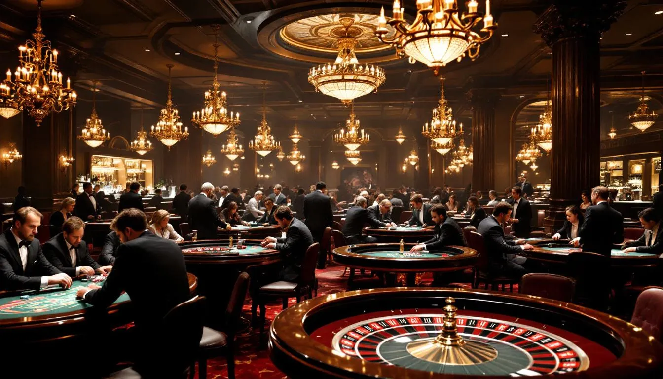 En el interior de un casino vibrante, múltiples mesas de ruleta están en acción, con jugadores concentrados haciendo sus apuestas mientras la bola gira sobre la rueda. El ambiente está lleno de emoción y la mezcla de colores de las fichas y las luces del casino crea una experiencia envolvente en el mundo de los juegos de azar.