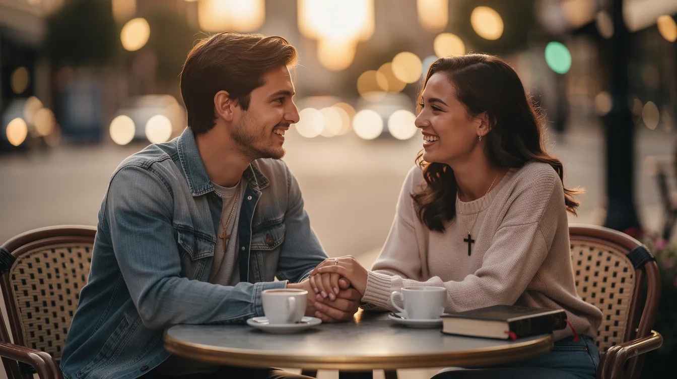 A Christian couple enjoys a romantic date, holding hands and sharing an emotional connection as they engage in deep conversation. Their interaction reflects the early stages of building intimacy, emphasizing emotional closeness and the importance of a healthy relationship grounded in faith.