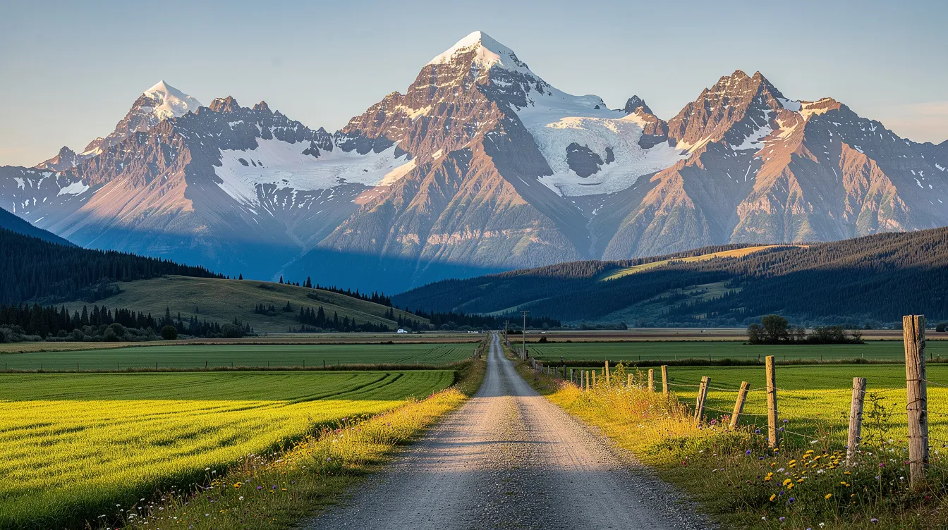 The image depicts a stunning Alaska mountain landscape with lush green farmland in the foreground, showcasing the natural beauty of the region. This serene setting highlights the potential for agricultural endeavors, including the cultivation of industrial hemp, which is legal in Alaska under state law.
