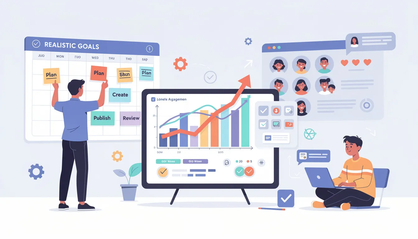 The image depicts a diverse group of creators engaged in a brainstorming session, surrounded by software tools and resources that facilitate content creation. They are discussing strategies for community building and setting personal goals to enhance their online presence and achieve long-term success in the creator economy.