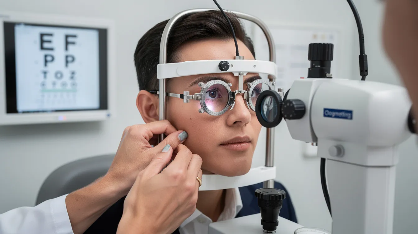 Een persoon ondergaat een oogonderzoek waarbij een optometrist meetapparatuur en een proefbril gebruikt om de sterkte van de ogen te bepalen. De apparatuur kan verschillende vormen van prisma's bevatten, zoals een scheef prisma of een recht prisma, die helpen bij het corrigeren van klachten zoals dubbelzien en scheelzien.