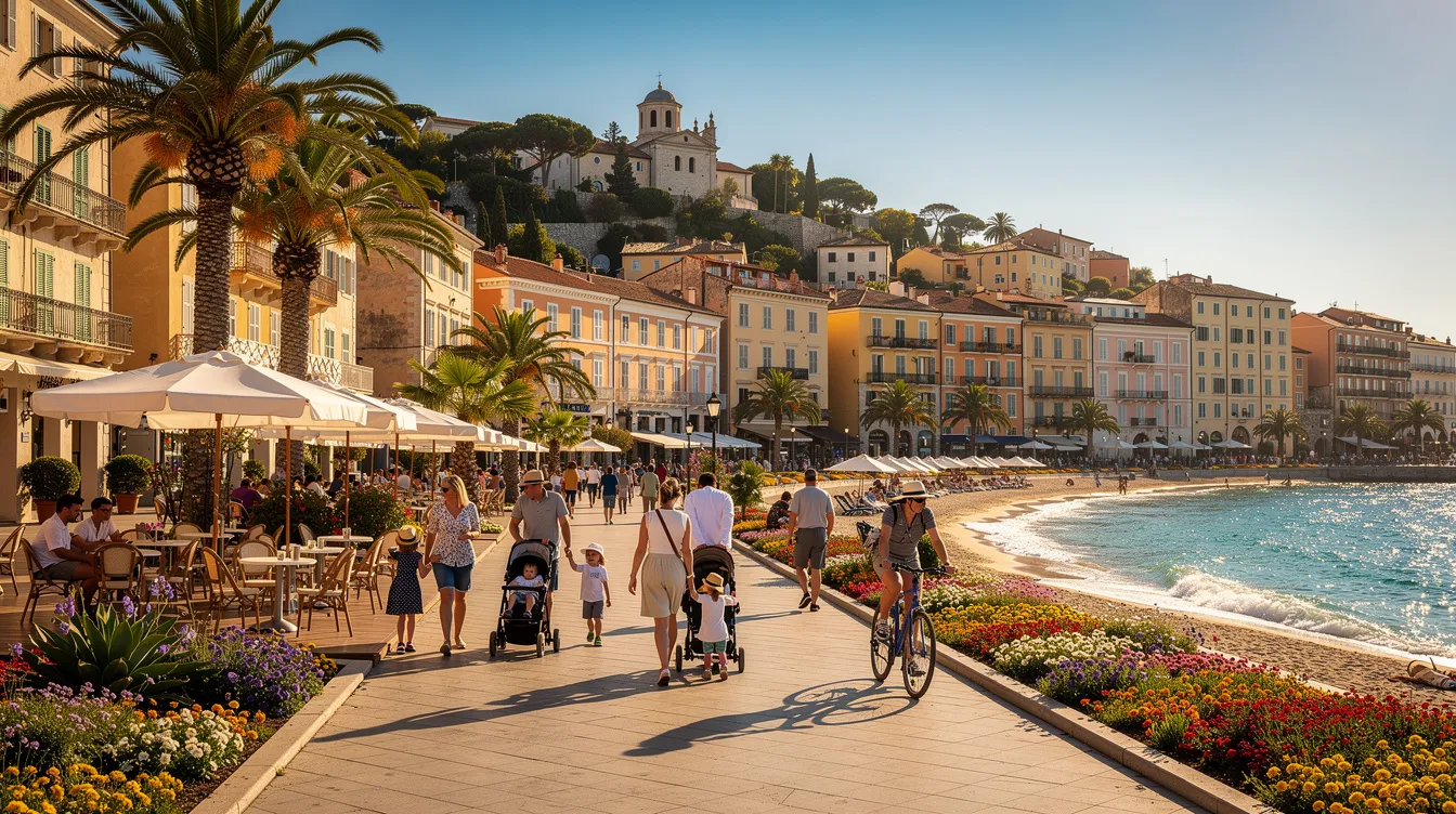 A vibrant Mediterranean coastal town is depicted, with families strolling along a sunny beachfront promenade, enjoying the relaxed pace of daily life. This scene reflects the appeal of moving to Cyprus, particularly for expat families seeking a family-friendly environment and quality education options, including international schools and private schools for their children.
