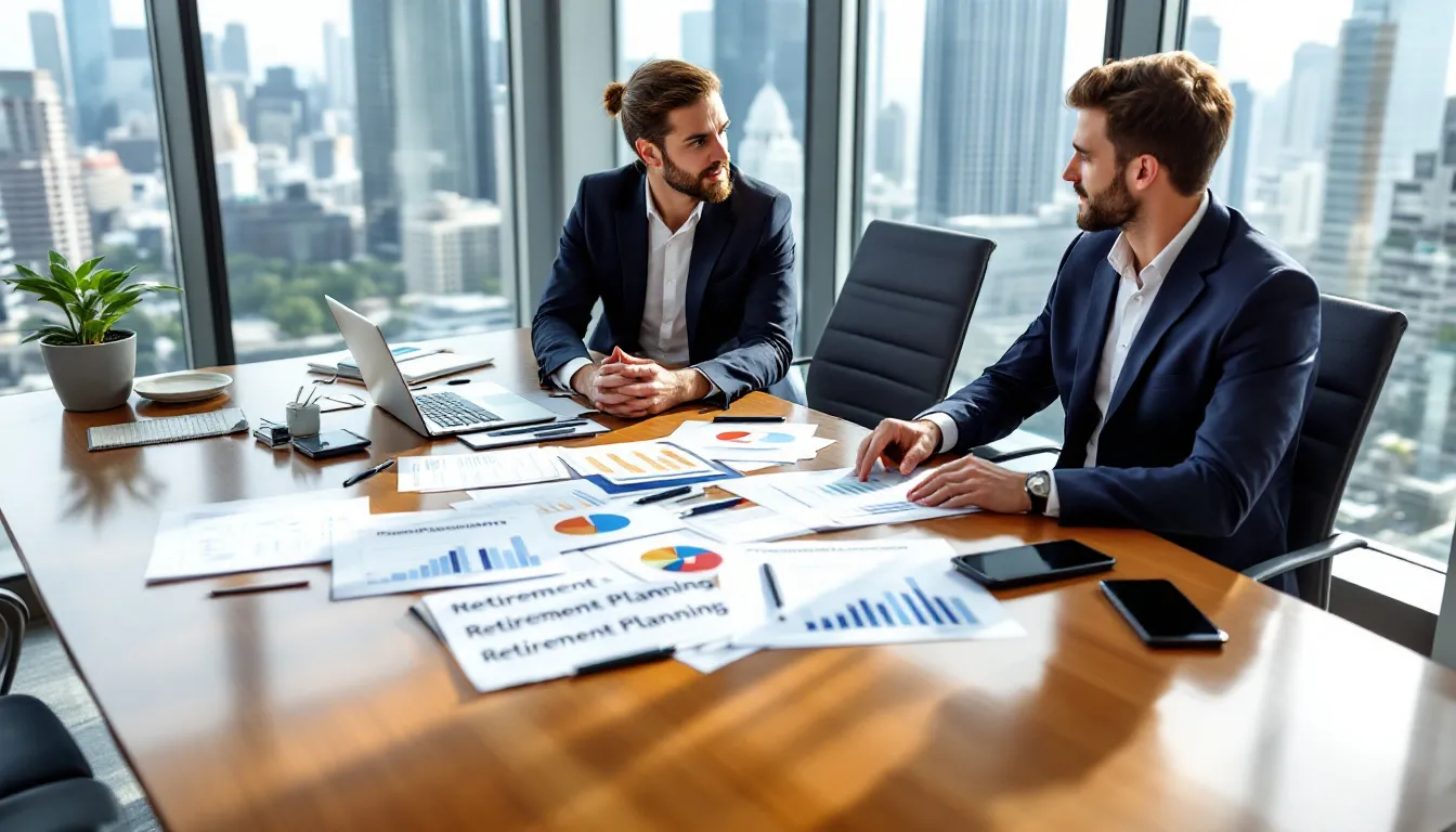 The image depicts a professional business meeting at a conference table, featuring various financial documents and retirement planning materials, including cash balance plans and defined benefit plans. Participants are engaged in discussions about retirement savings and employer contributions, highlighting the importance of effective plan design for future benefits.