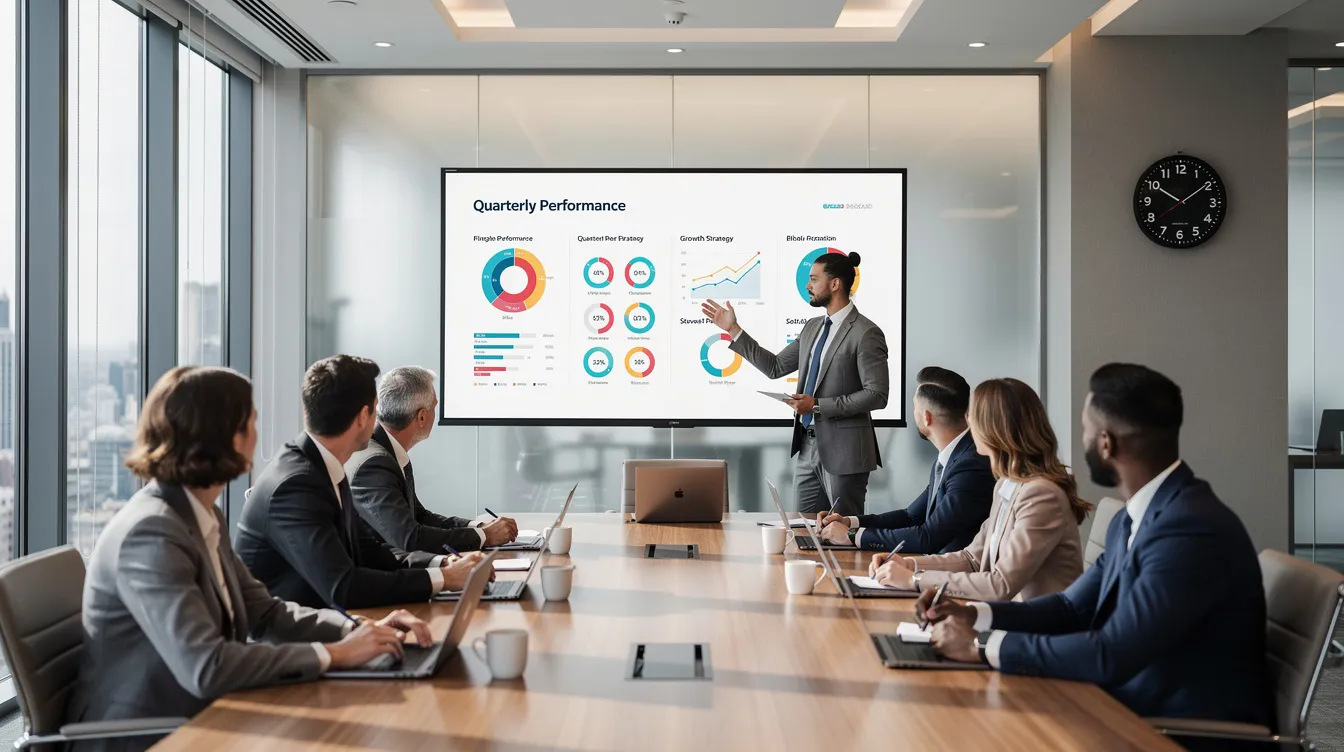 A business team is gathered in a modern conference room, intently reviewing an interactive data presentation displayed on a large screen. The visuals include complex data visualizations and charts that highlight key performance indicators, allowing the team to gain deeper insights and facilitate decision-making.