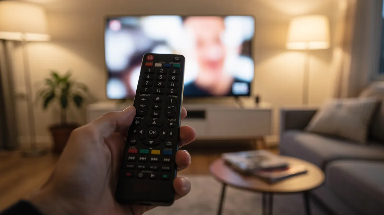 The image shows a television remote control aimed at a blurry TV screen in a cozy living room, suggesting a moment of relaxation where one might be watching videos or advertisements about products like CBD gummies, possibly featured on shows like Shark Tank. The warm light in the room adds to the inviting atmosphere, making it a perfect setting for entertainment.