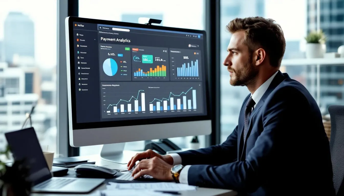 The image depicts a hotel manager intently reviewing a payment analytics dashboard on a computer screen, focusing on hotel payment processing metrics, payment solutions, and transaction details to enhance guest experience and streamline payment systems. The dashboard likely includes data on preferred payment methods, processing fees, and secure payment options for guests.