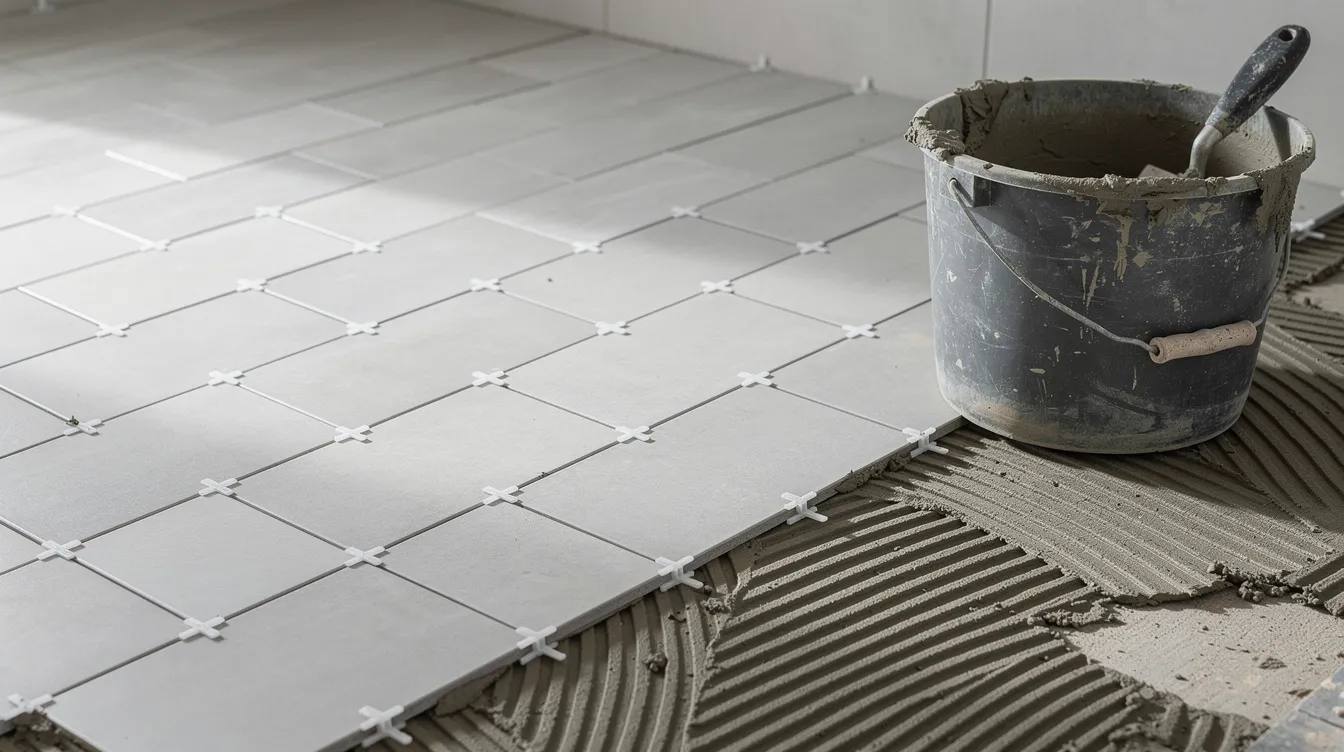 The image shows a partially tiled bathroom floor featuring ceramic tiles with spacers in between, along with a bucket of mortar nearby, indicating the process of installing tile flooring. This flooring project highlights the layout and preparation needed for a successful tile installation in an average-sized room.