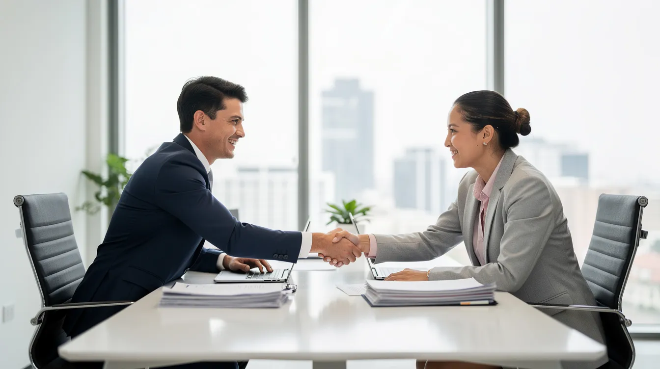 The image shows two professionals shaking hands across a sleek conference table in a bright, modern office, symbolizing a successful agreement or partnership, possibly related to family law matters. This scene reflects the importance of legal representation and the discussions around family lawyer costs in a professional setting.