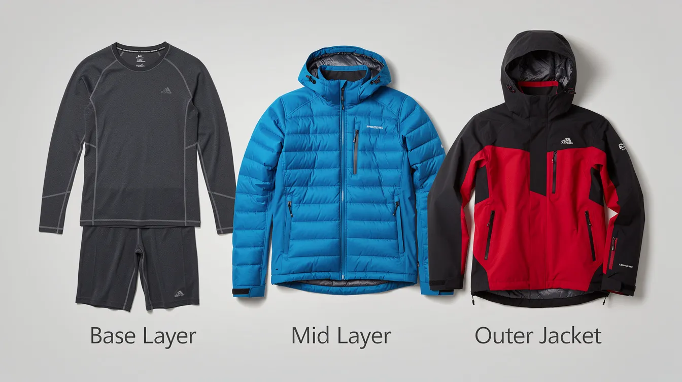 Das Bild zeigt eine Anordnung von Skibekleidung, bestehend aus einer engen Basisschicht, einer isolierenden Mittelschicht und einer schützenden äußeren Jacke. Diese Schichten sind Teil der grundlegenden Skiausrüstung für Wintersportler, die sich auf die Piste begeben.