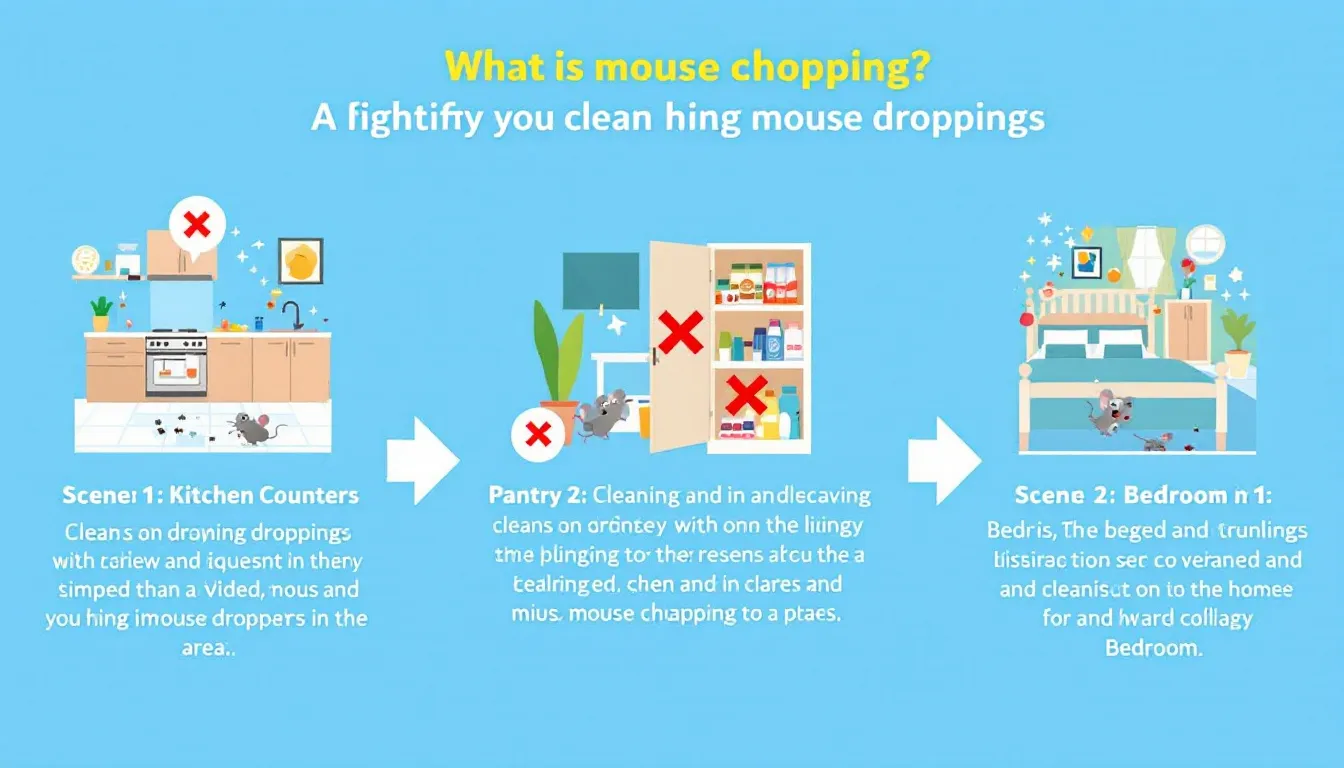 Illustration of mouse droppings in different areas of a house.