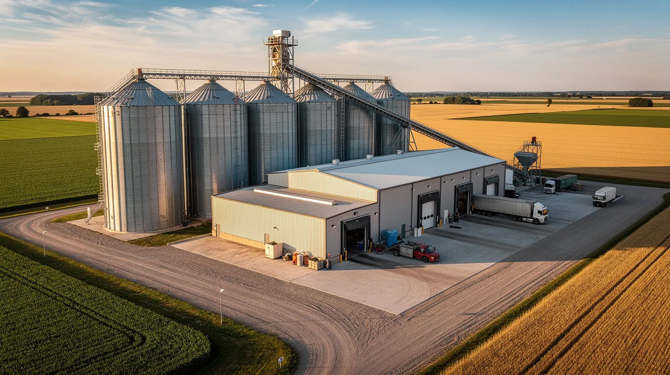 e3e25d93 22a4 4208 ae82 de05d20510c7 The image depicts a large maize processing plant featuring towering industrial silos and processing buildings, set against a backdrop of lush farmland. This facility is integral to the corn starch industry, emphasizing efficient plant operations and the manufacturing process of starch production.
