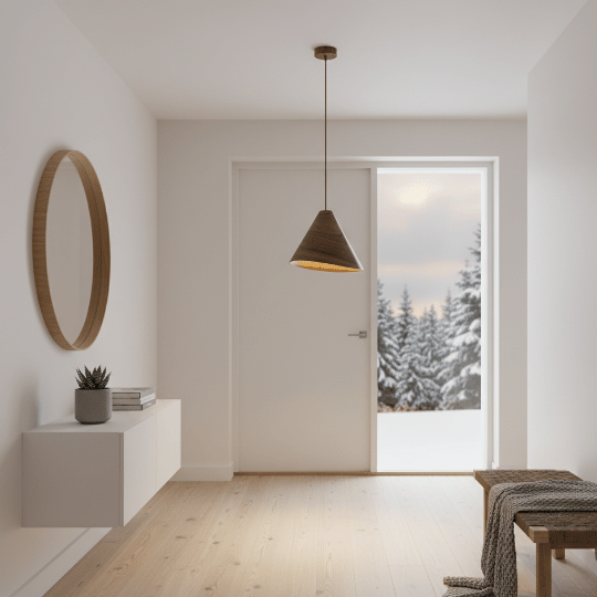 Cone-shaped woven pendant light hanging in a Scandinavian entryway with light wood floors and neutral walls.
