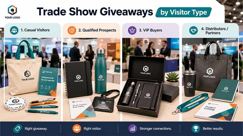 Trade show giveaways by visitor type, from casual visitors to qualified prospects, VIP buyers, and partners.