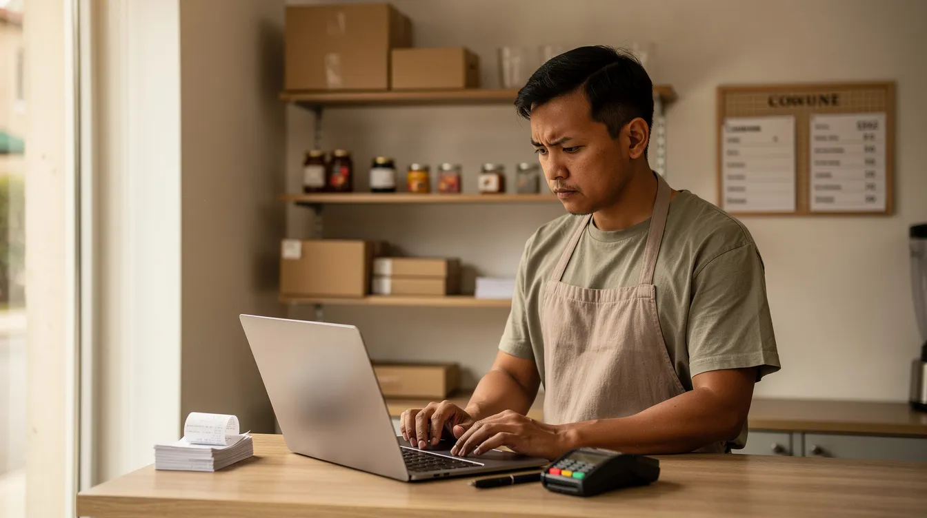 e3e54cdc 0de3 48a3 bc0e e42eb3986269 The image depicts a small business owner intently looking at a laptop screen within a simple shop setting, symbolizing the entrepreneurial spirit of micro enterprises. This scene reflects the journey of a borrower who has successfully repaid previous loans and is exploring options for financing through schemes like the Pradhan Mantri Mudra Yojana to enhance cash flow and support their business growth.