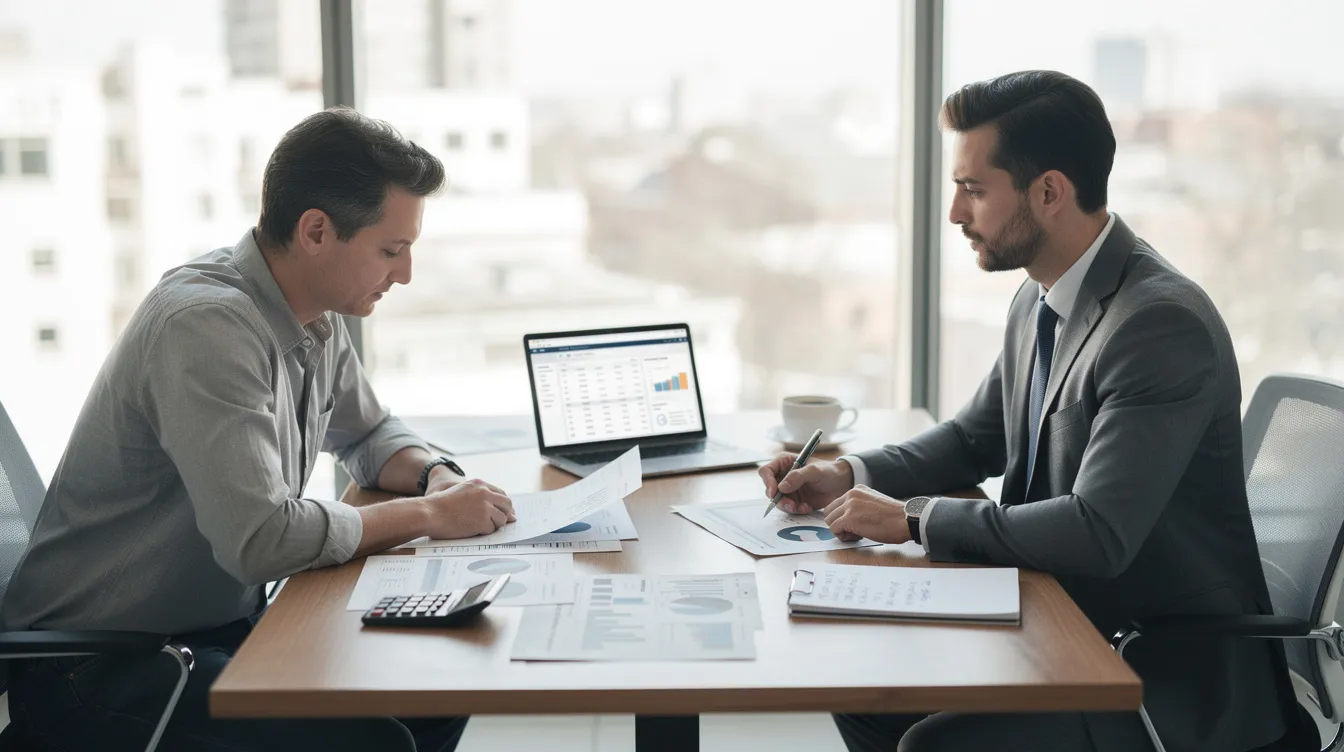 A business owner is seated at a table, reviewing financial documents alongside a financial advisor, who is discussing various valuation methods such as discounted cash flow valuation and market value. The scene captures a moment of strategic decision-making, focused on assessing the company's intrinsic value and future cash flows.